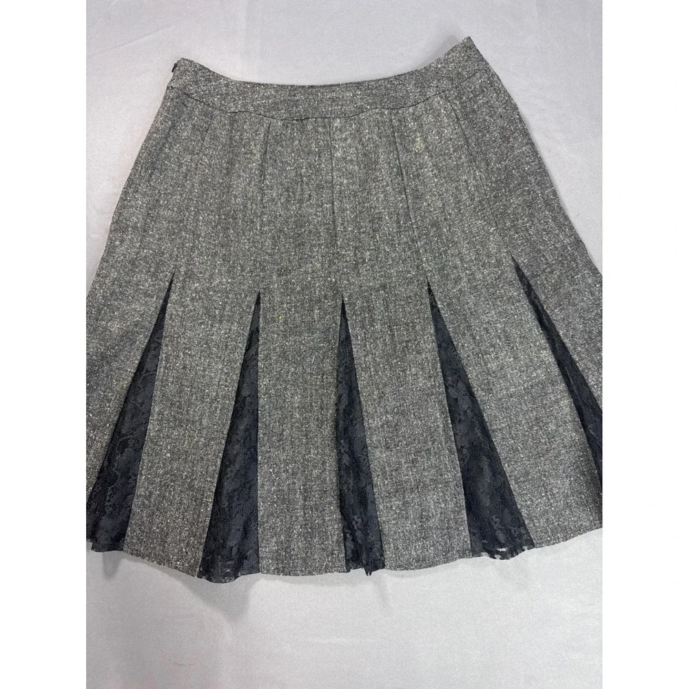 Worthington Y2K Grey Tweed Lace Inset Pleated Skirt Womens Size 10 Vintage Style